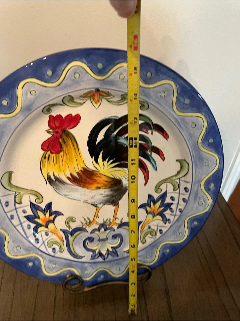 Hand-Painted Rooster Ceramic Dinner Plate - Blue Accent